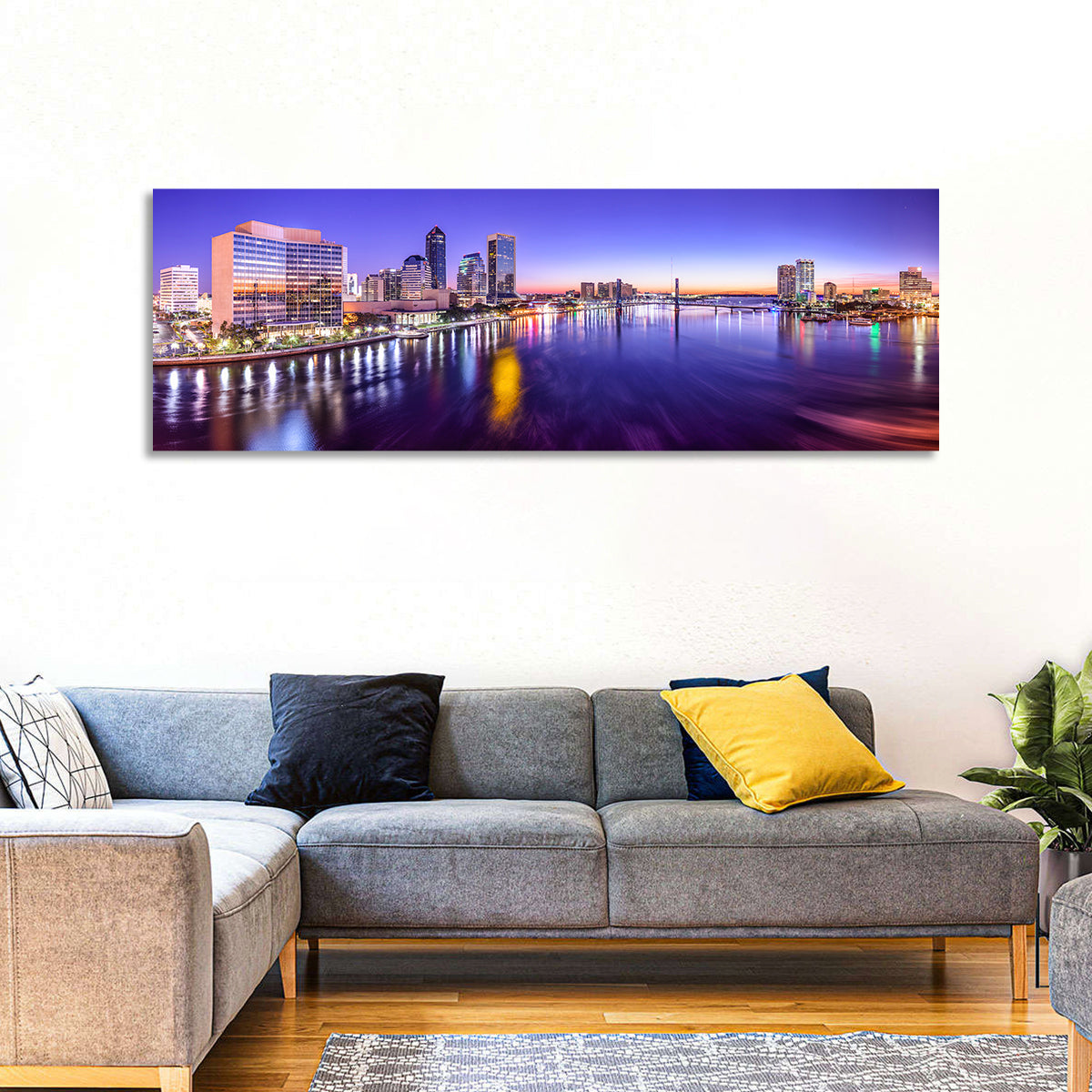 Jacksonville Twilight Skyline Wall Art in a room, panoramic
