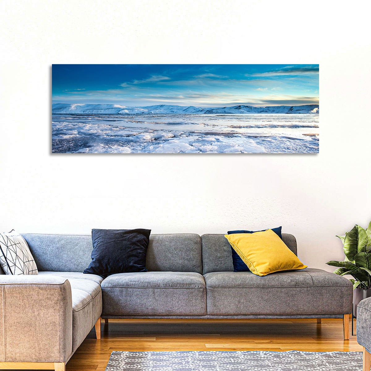 Kleifarvatn Winter Horizon Wall Art in a room, panoramic