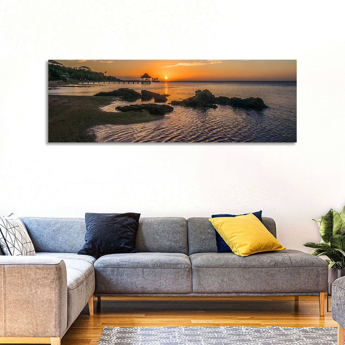 Roatan Pier Sunset Wall Art in a room, panoramic