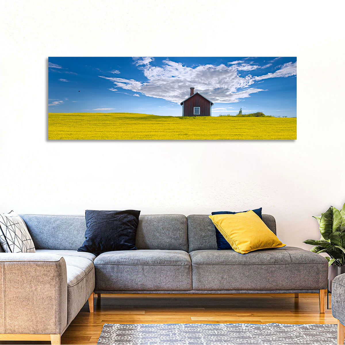 Red Barn in Golden Wheat Field Wall Art in a room, panoramic