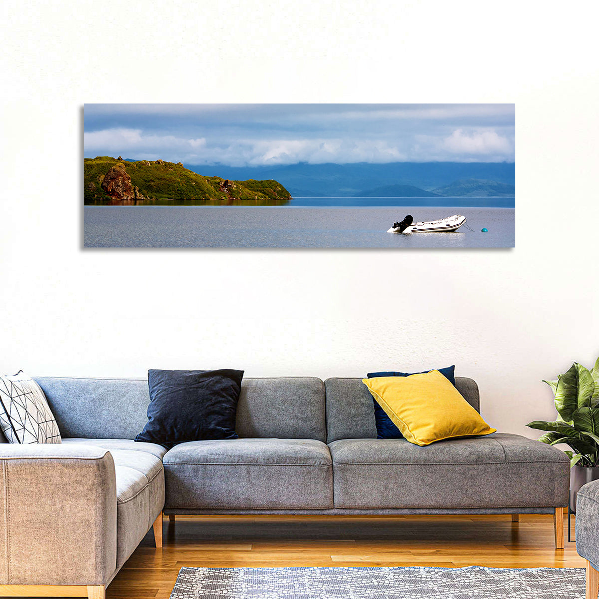 Kronotskое Lake with Boat Wall Art in a room, panoramic