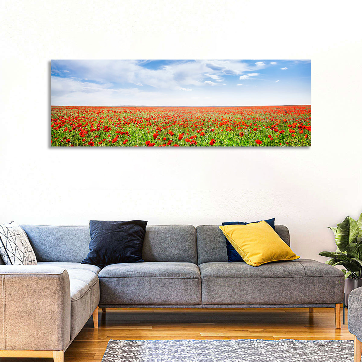 Red Poppy Field Wall Art in a room, panoramic
