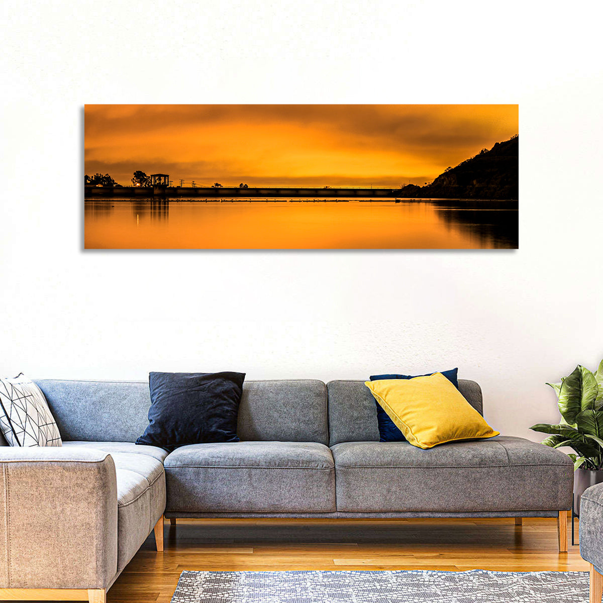 Lake Murray Sunset Wall Art in a room, panoramic