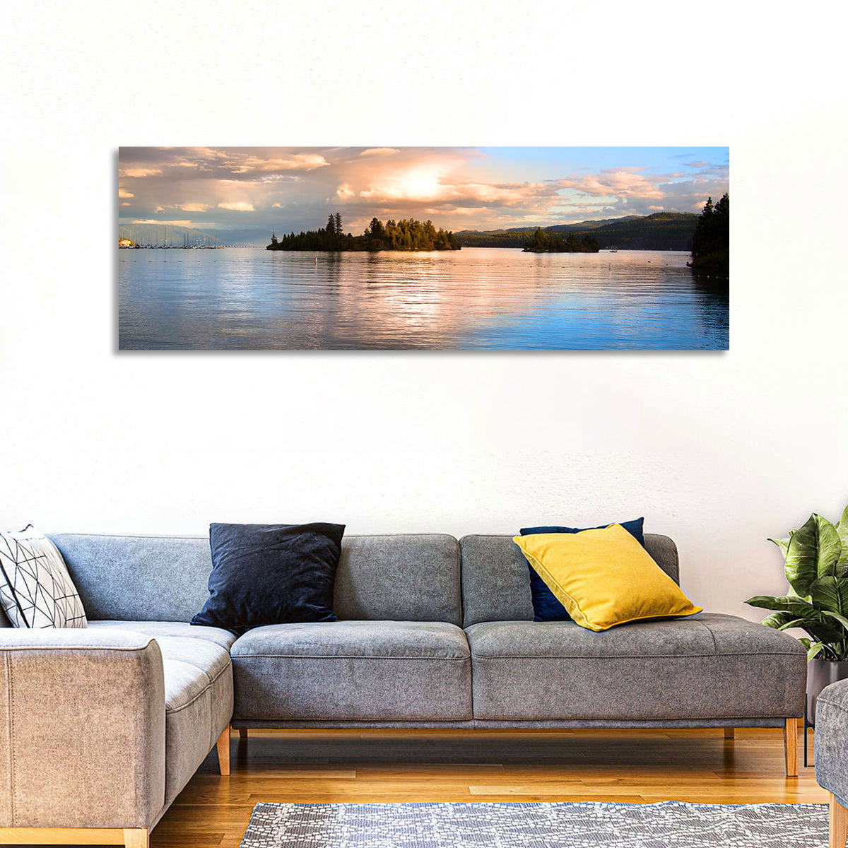 Flathead Lake Golden Hour Wall Art in a room, panoramic