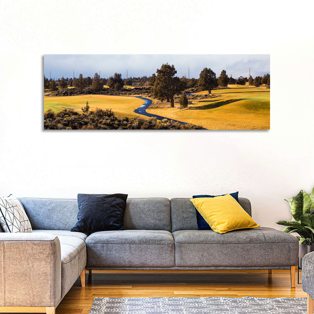 Central Oregon Golf Course with Winding Path Wall Art in a room, panoramic