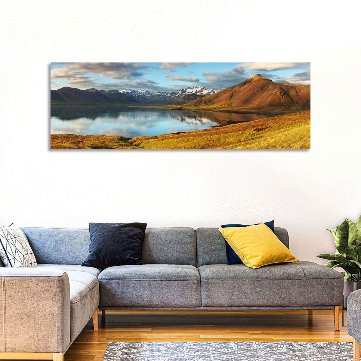 Icelandic Mountain Lake at Golden Hour Wall Art in a room, panoramic