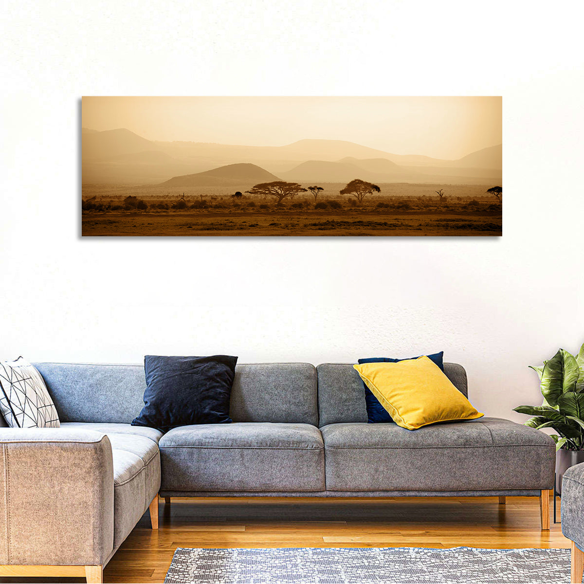 Hazy Savannah at Dawn Wall Art in a room, panoramic