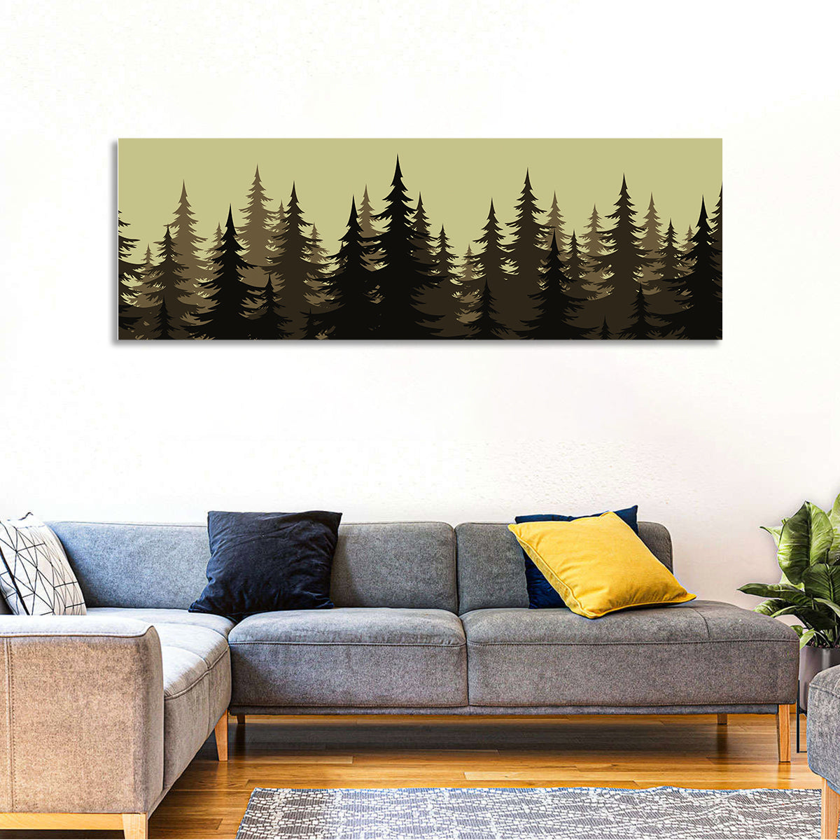 Fir Tree Silhouettes Wall Art in a room, panoramic