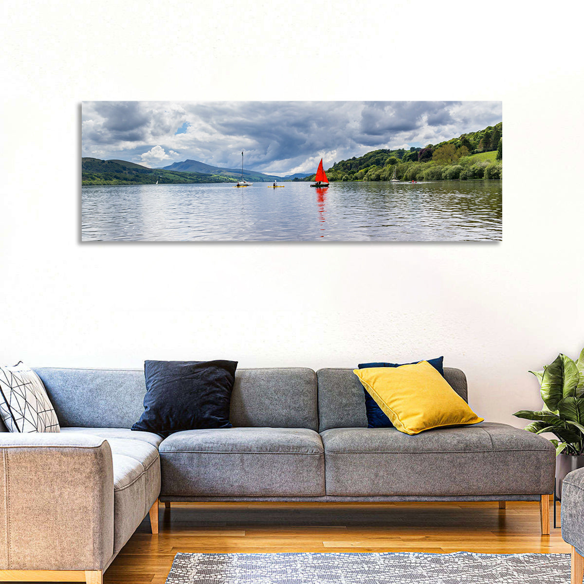 Bala Lake Sailboat Reflection Wall Art in a room, panoramic