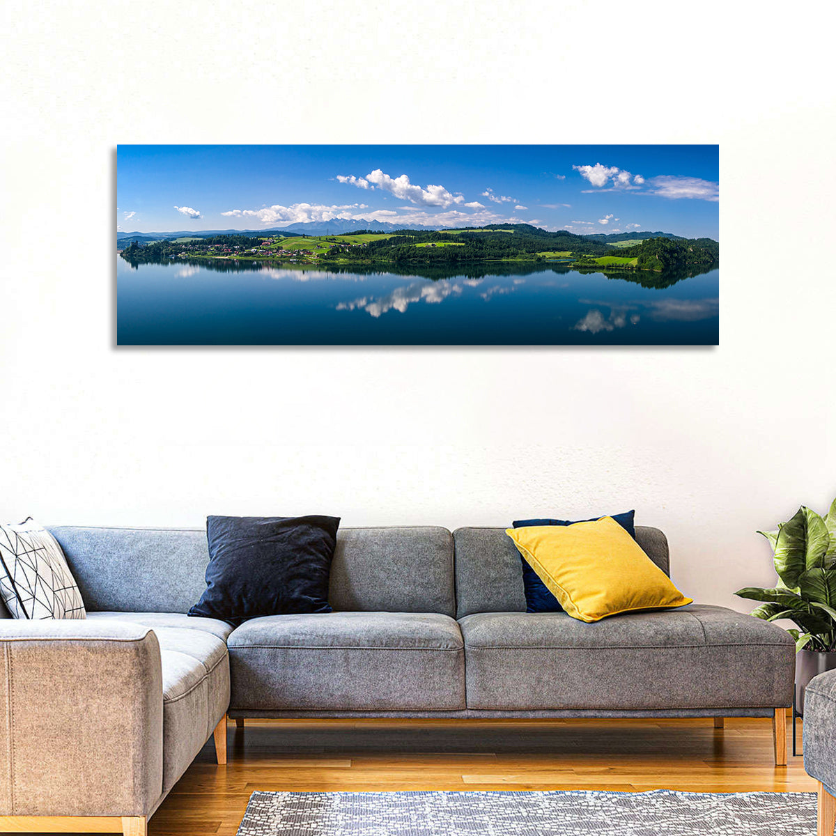 Lake Czorsztynskie Reflections Wall Art in a room, panoramic