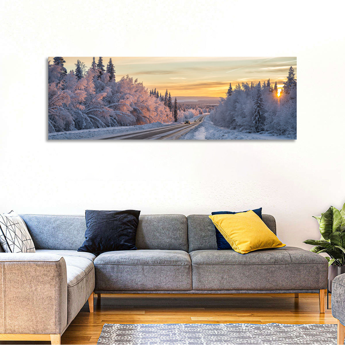 Winter Road at Sunset Wall Art in a room, panoramic