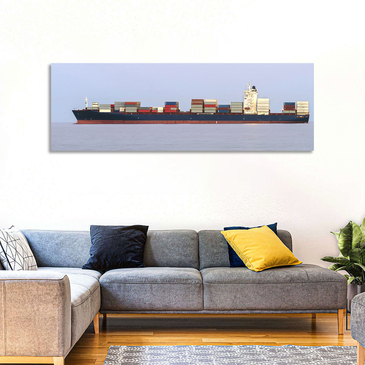 Container Ship on the Ocean Wall Art in a room, panoramic