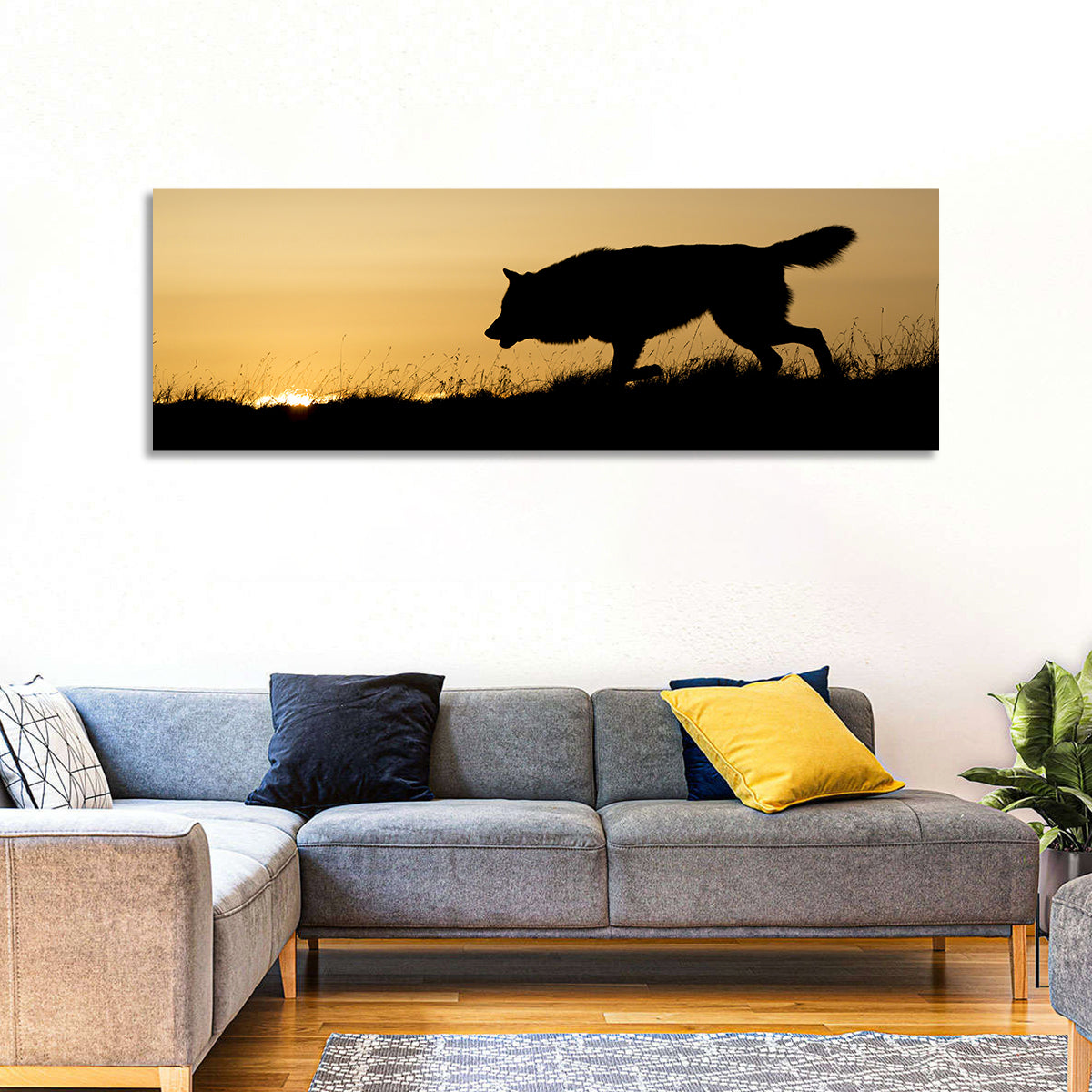 Wolf at Golden Horizon Wall Art in a room, panoramic