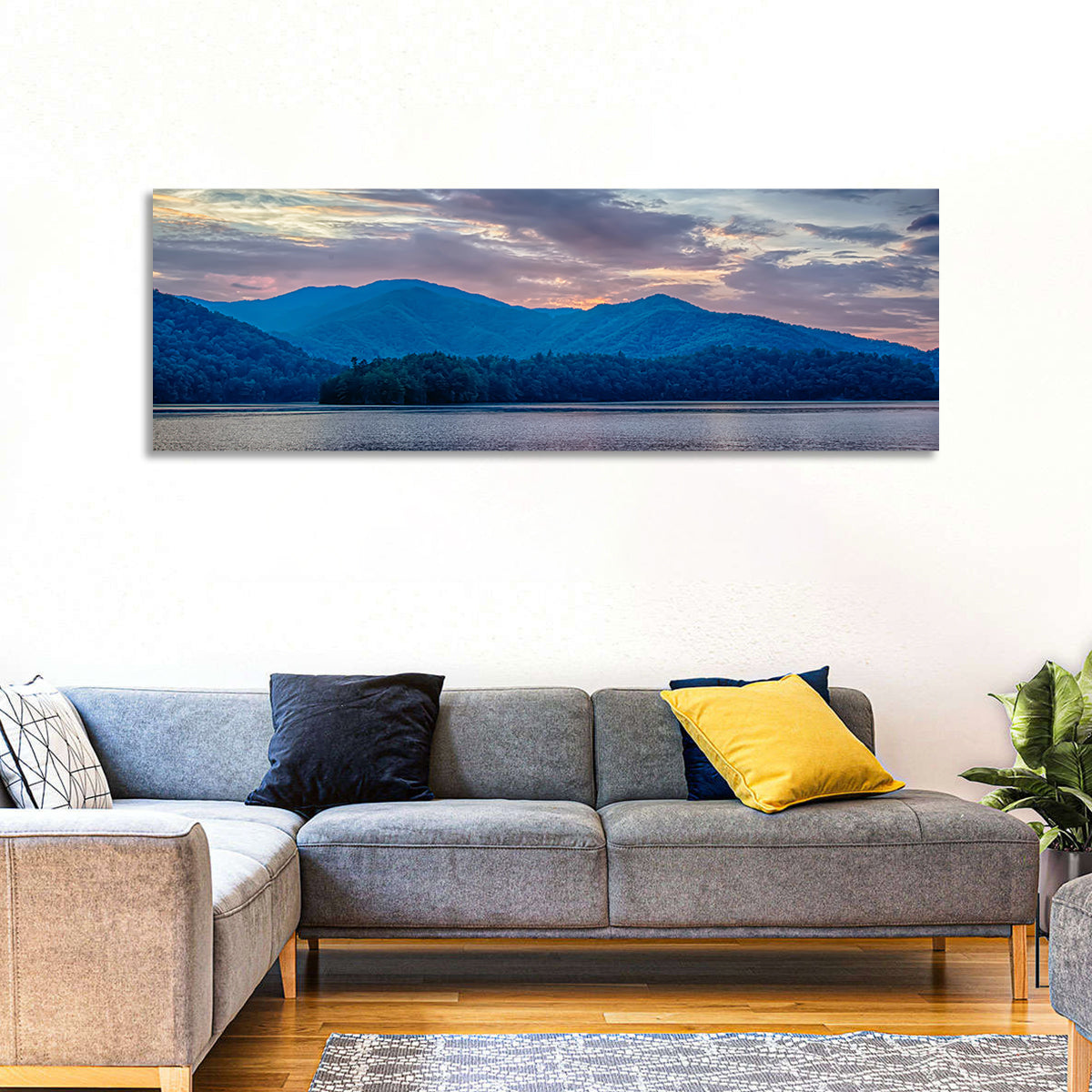 Lake Santeetlah Sunset Glow Wall Art in a room, panoramic