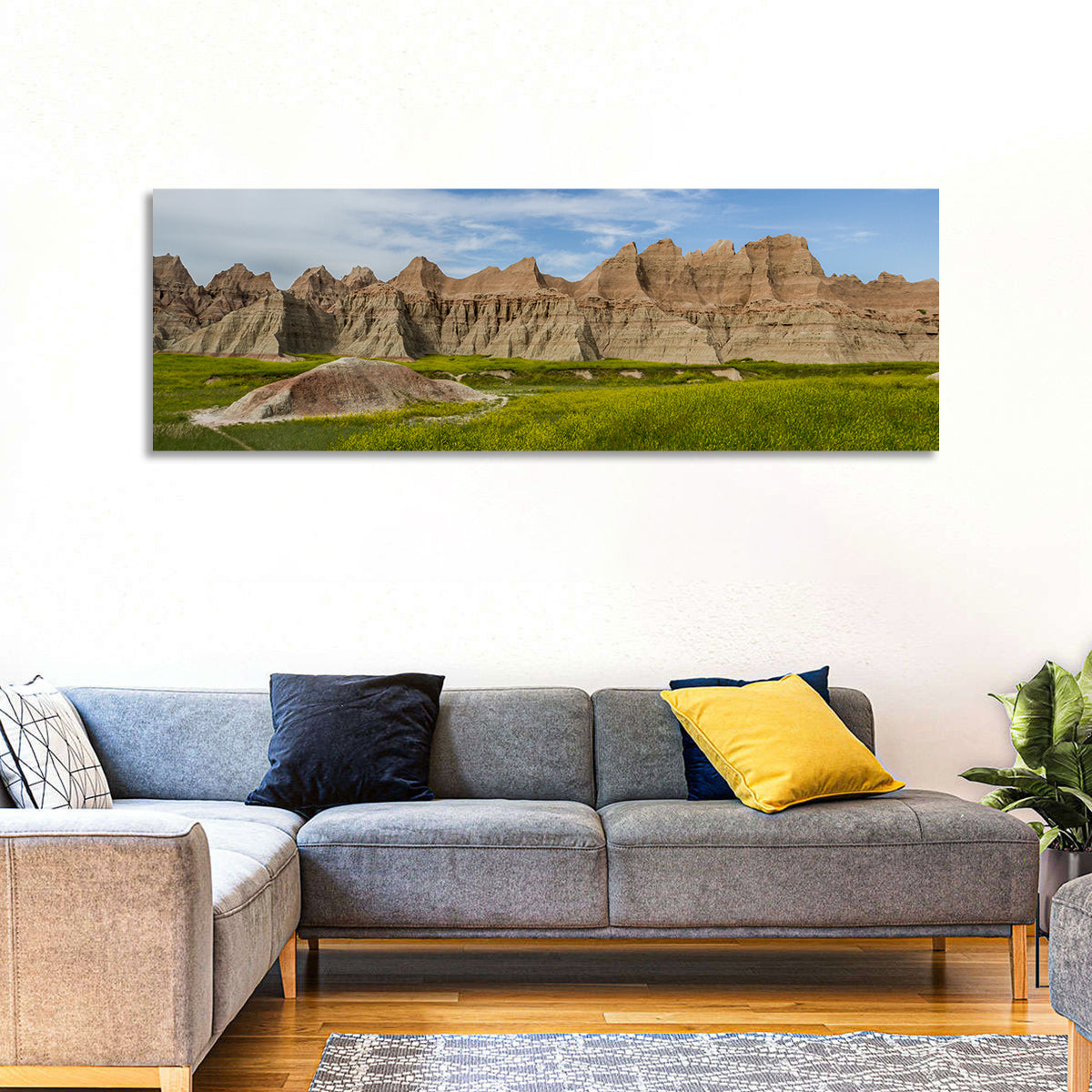 Badlands Meadow and Rock Formations Wall Art in a room, panoramic