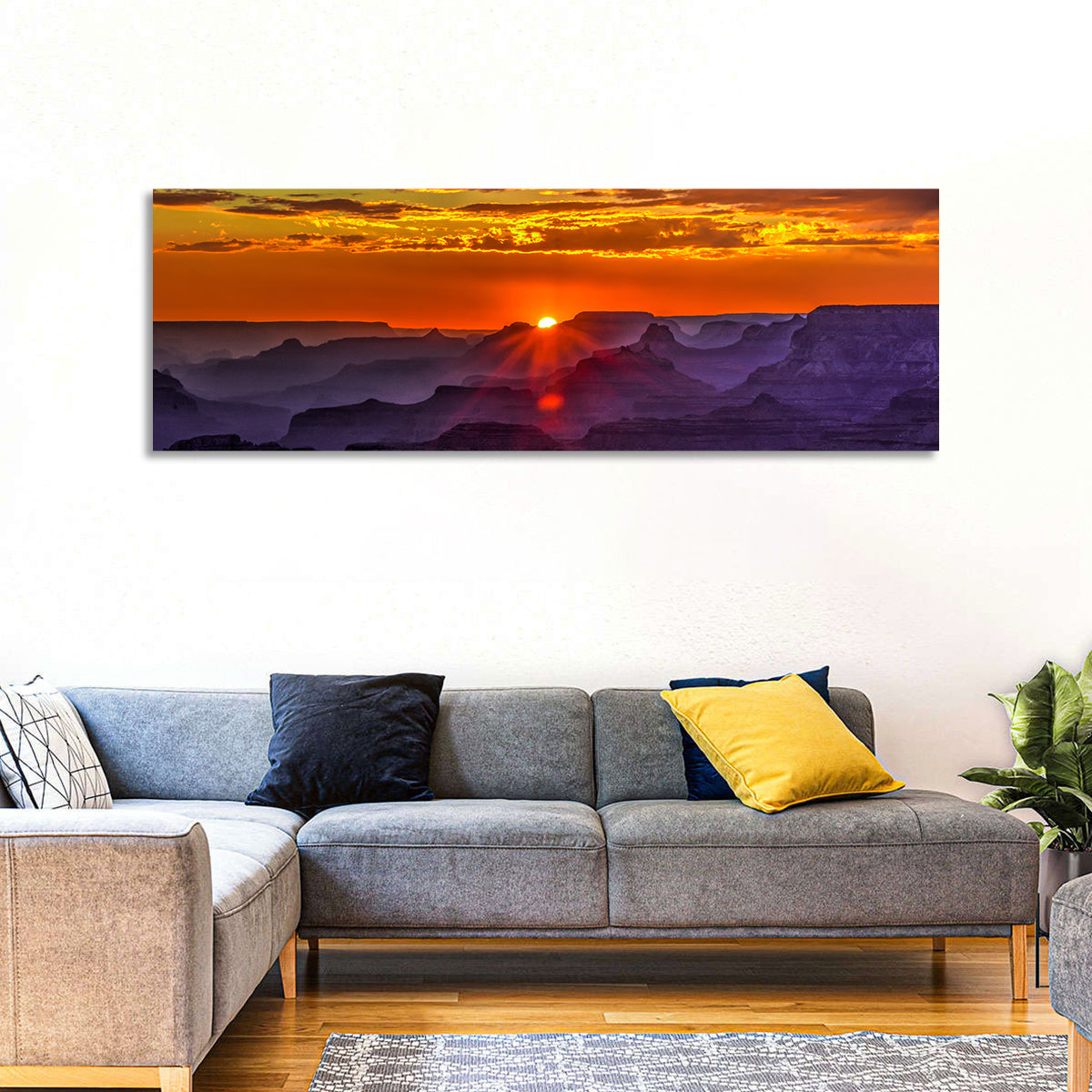 Lipan Point Sunset Sunburst Wall Art in a room, panoramic