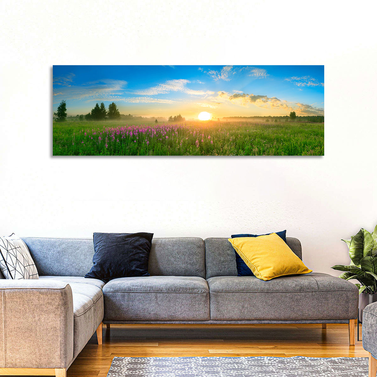 Fireweed Meadow Sunrise Wall Art in a room, panoramic