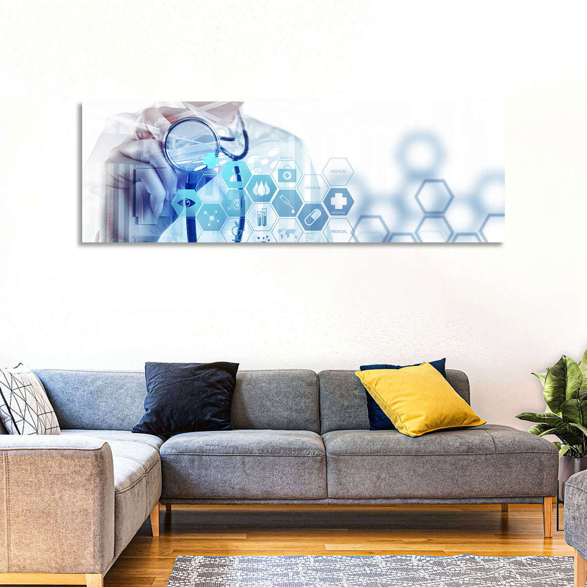 Stethoscope Checkup with Medical Icons Wall Art in a room, panoramic