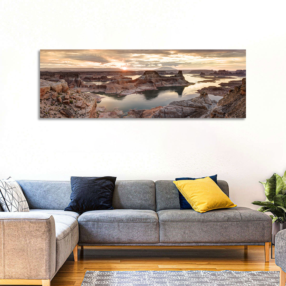 Lake Powell Sunrise Over Glen Canyon Wall Art in a room, panoramic