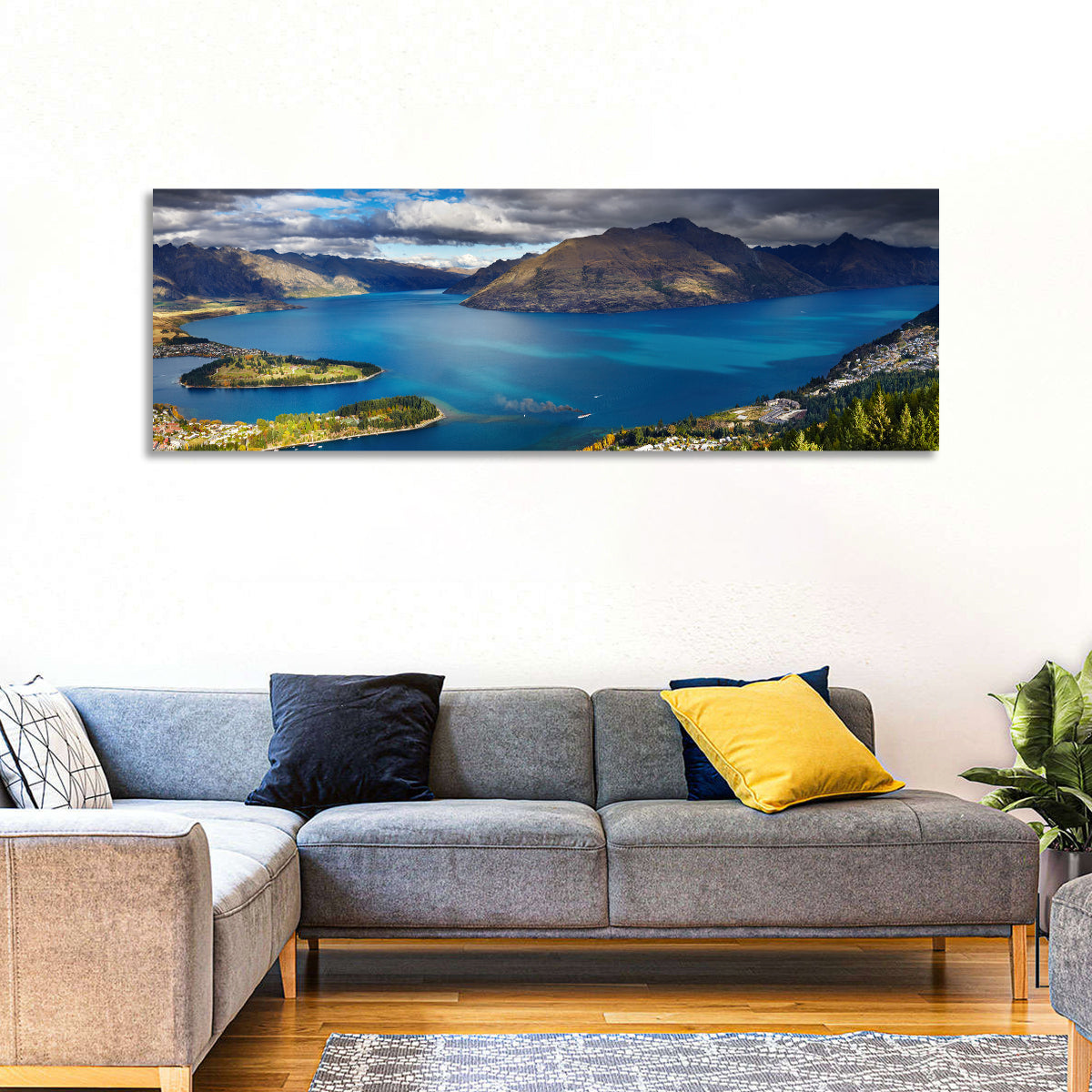 Lake Wakatipu Vista Wall Art in a room, panoramic
