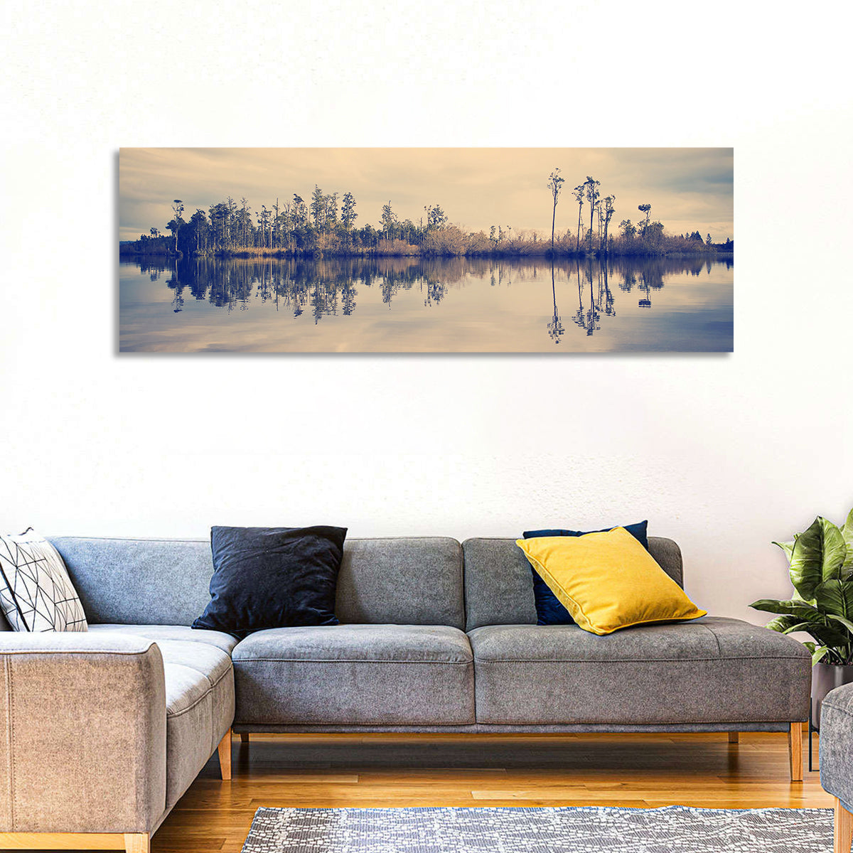 Sunset Over Forest Lake Wall Art in a room, panoramic