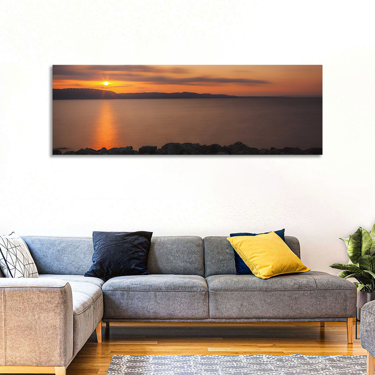 Lake Pepin Golden Sunrise Wall Art in a room, panoramic