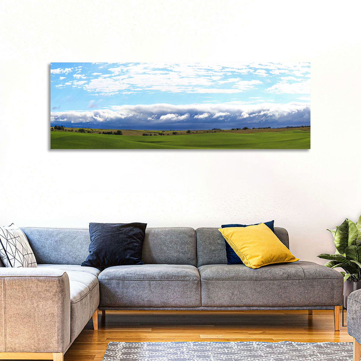 Storm Clouds Over Iowa Fields Wall Art in a room, panoramic