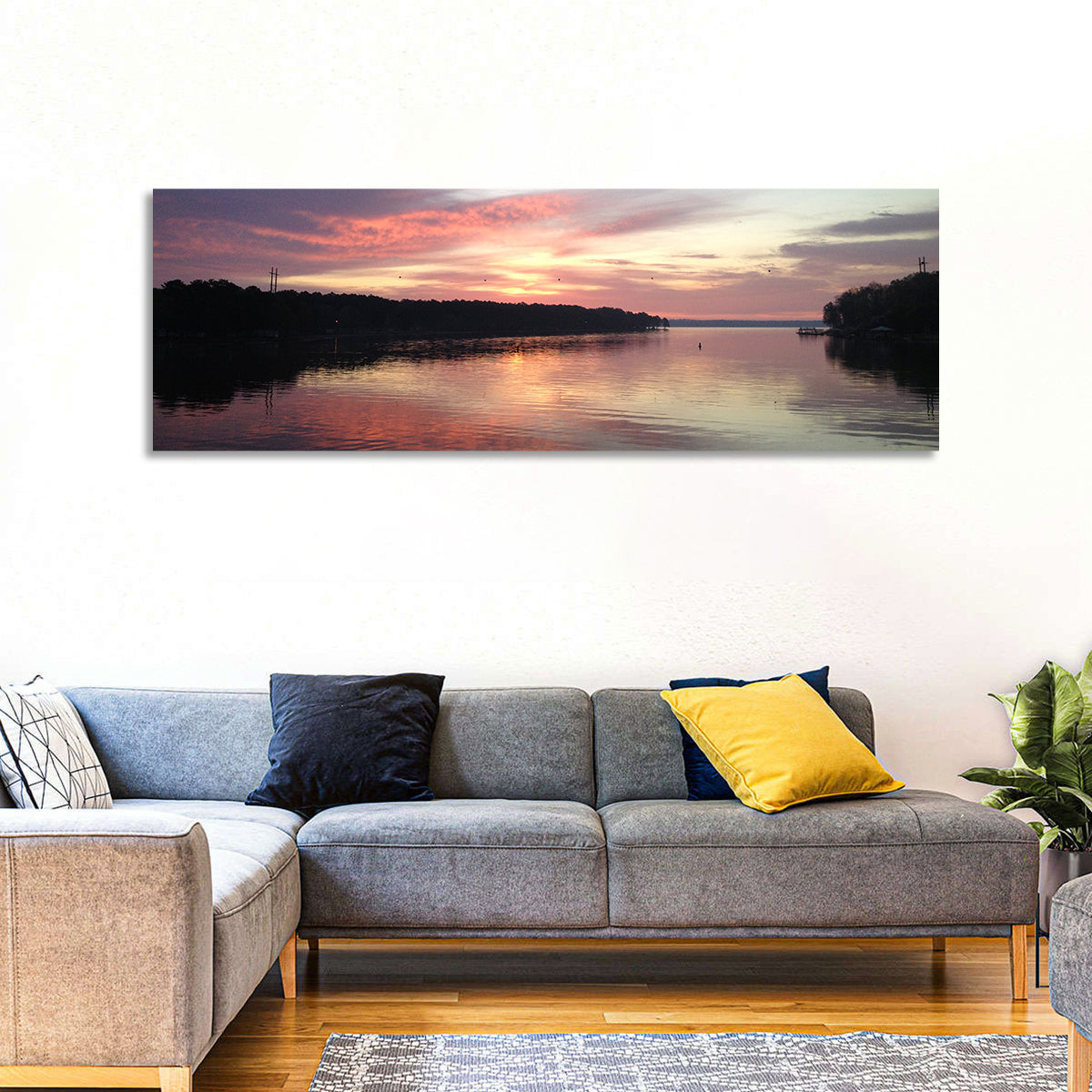 Lake Eufaula Sunset Wall Art in a room, panoramic