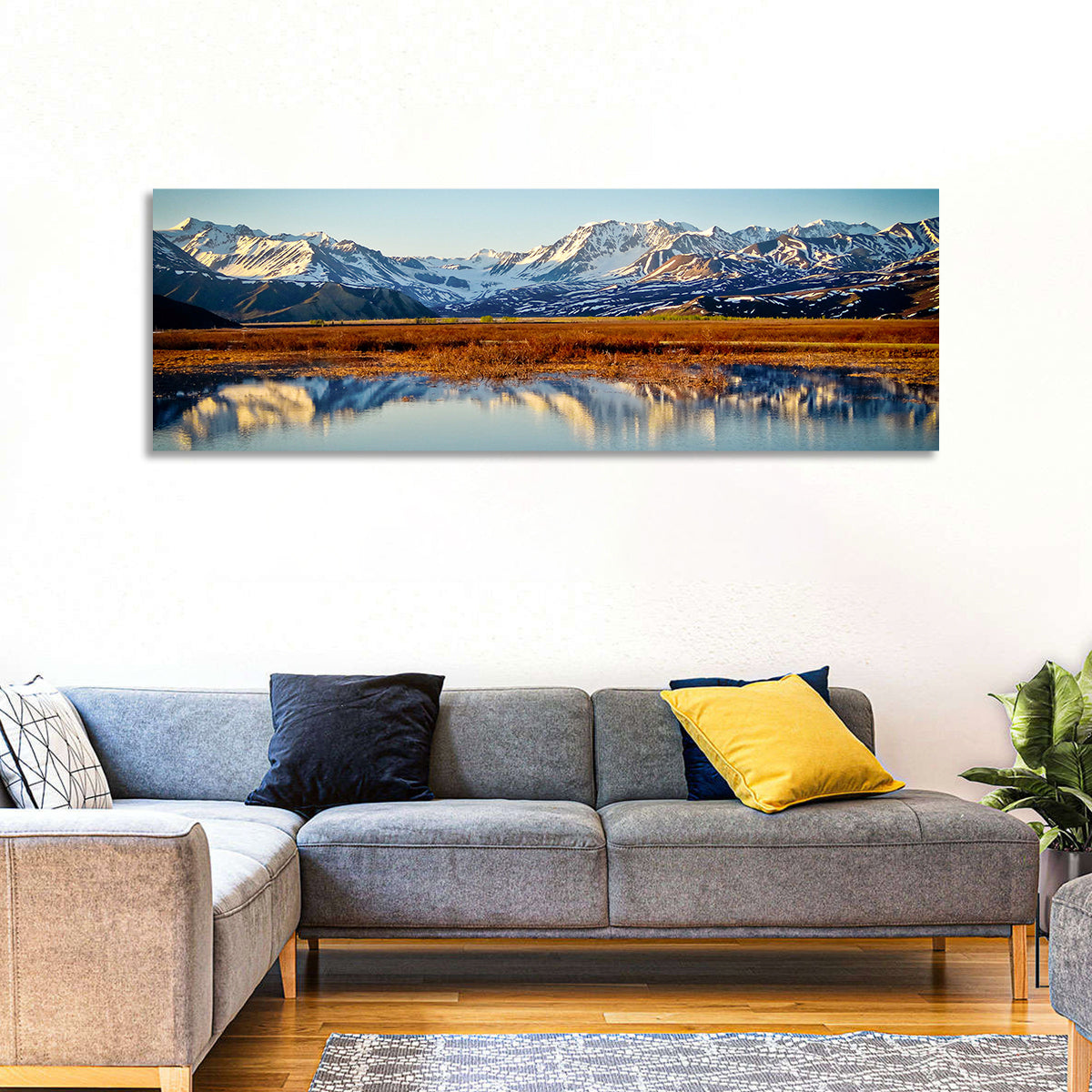 Summit Lake Reflection Wall Art in a room, panoramic
