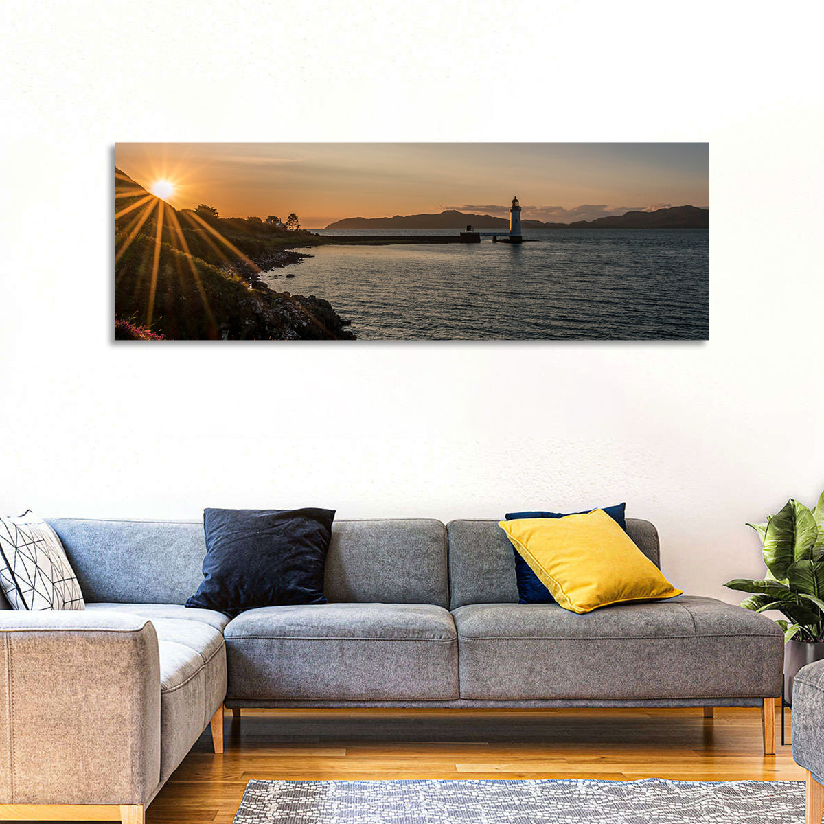 Dunollie Lighthouse Golden Hour Wall Art in a room, panoramic