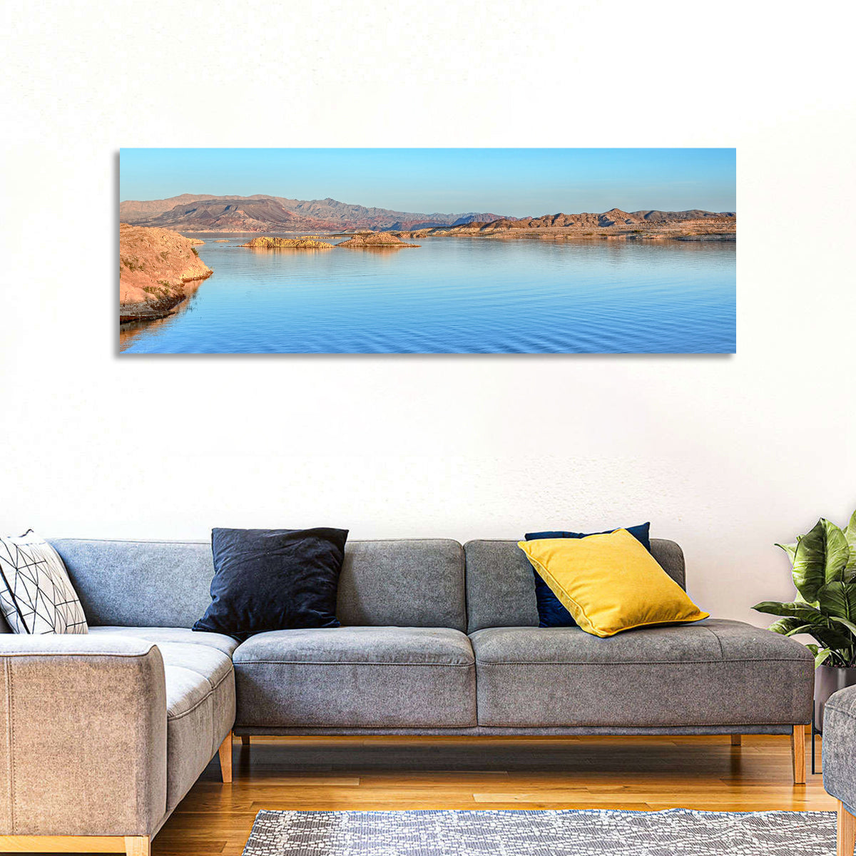 Lake Mead Rocky Shoreline Wall Art in a room, panoramic