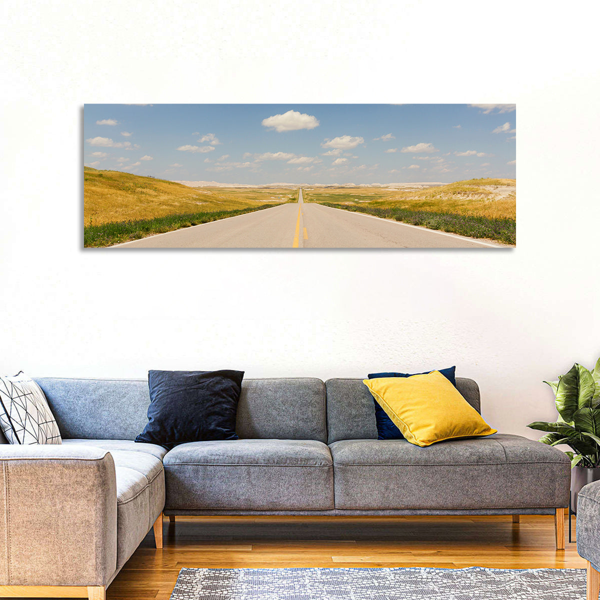 North Dakota Road to Horizon Wall Art in a room, panoramic