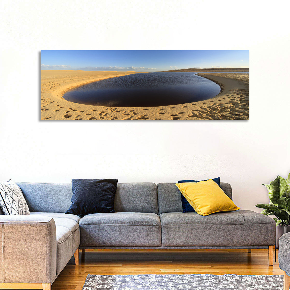 Fayoum Lake Footprints Wall Art in a room, panoramic