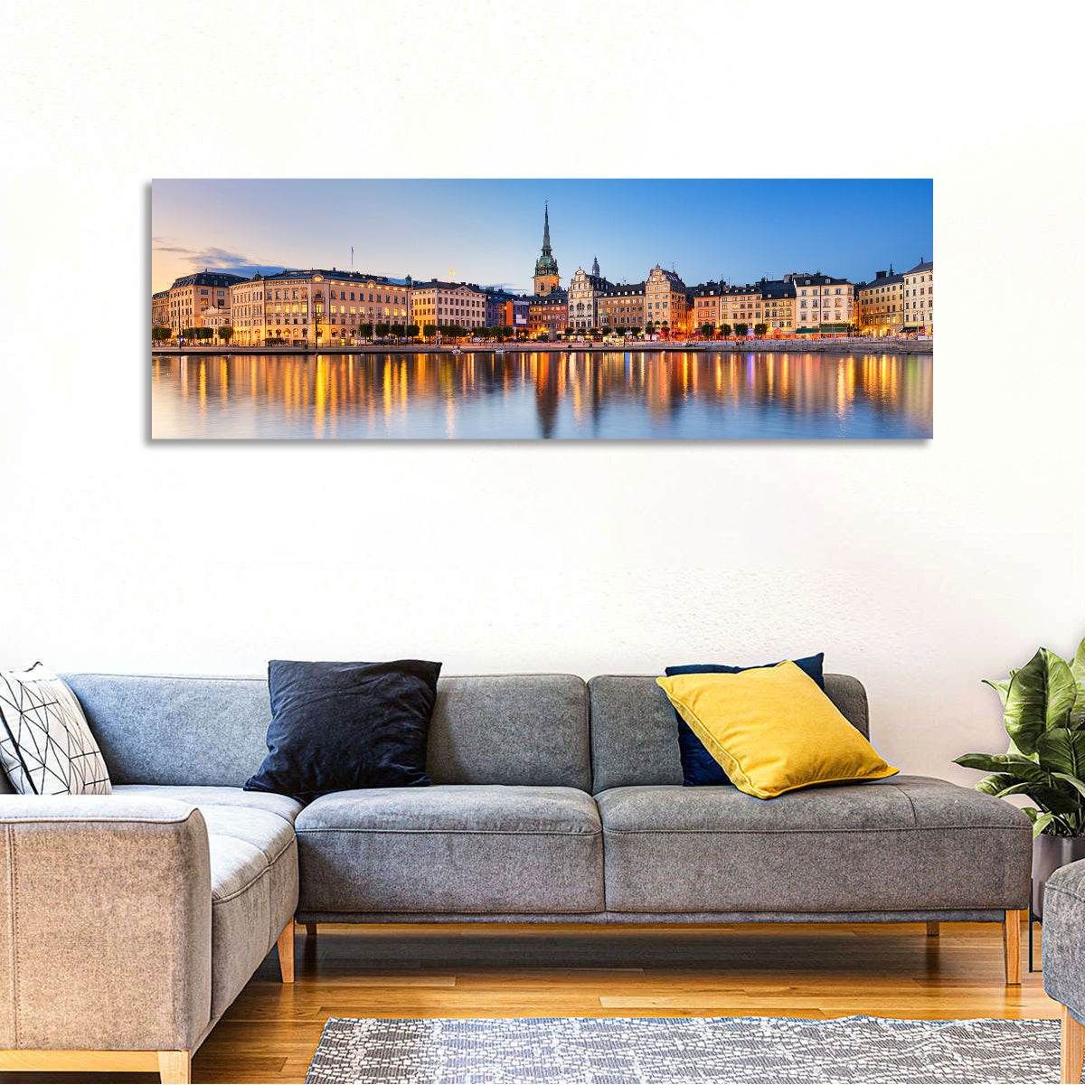 Gamla Stan Night Reflections Wall Art in a room, panoramic