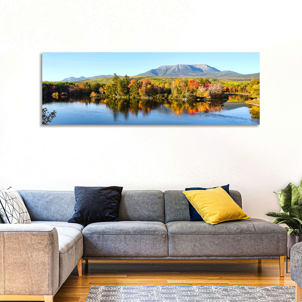 Mount Katahdin Autumn Reflection Wall Art in a room, panoramic