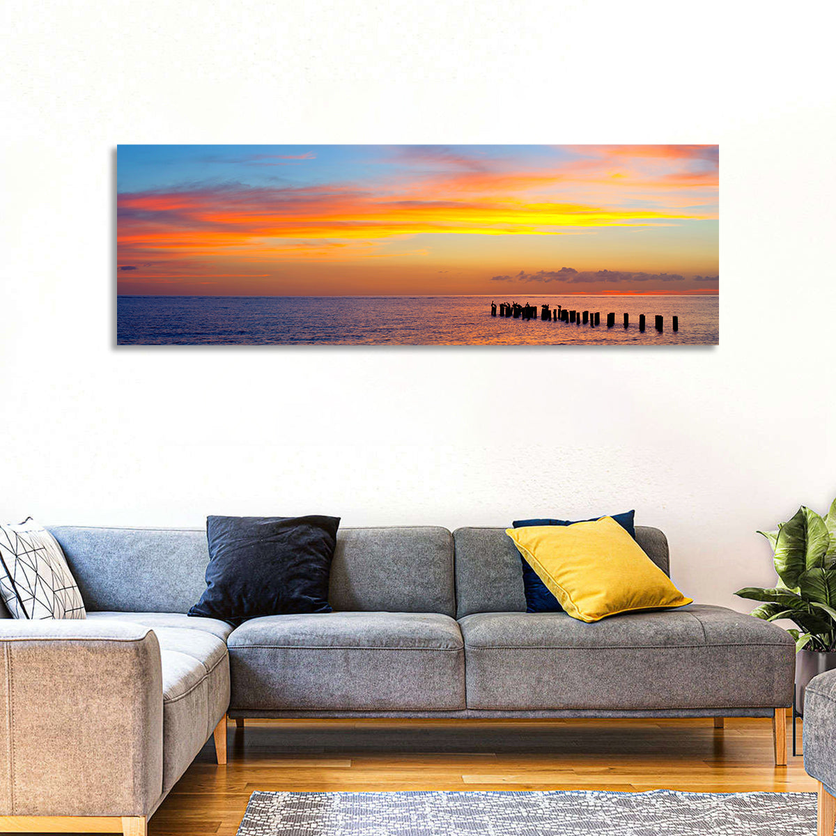 Naples Pier at Sunset Wall Art in a room, panoramic