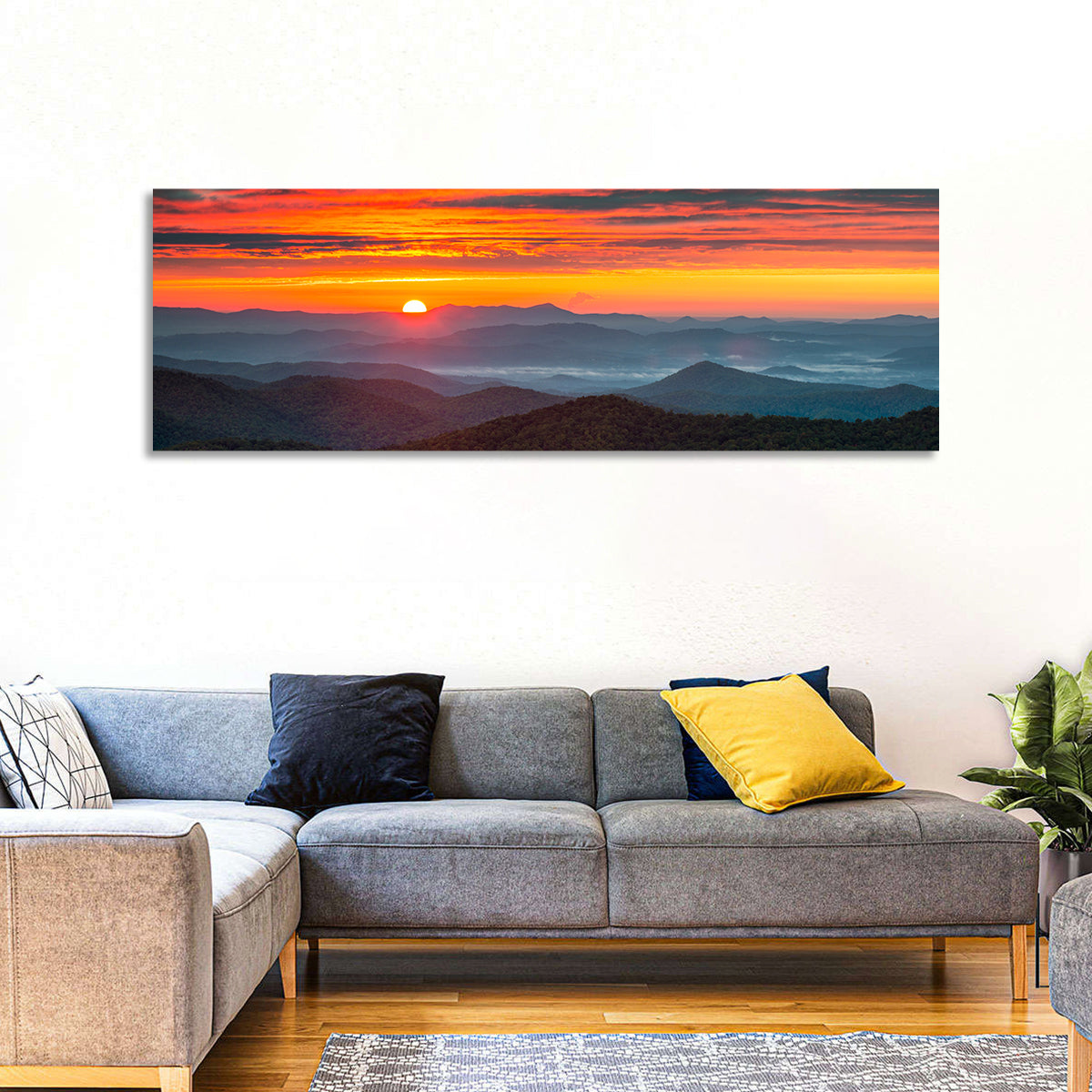 Blue Ridge Sunrise Over Misty Ridges Wall Art in a room, panoramic