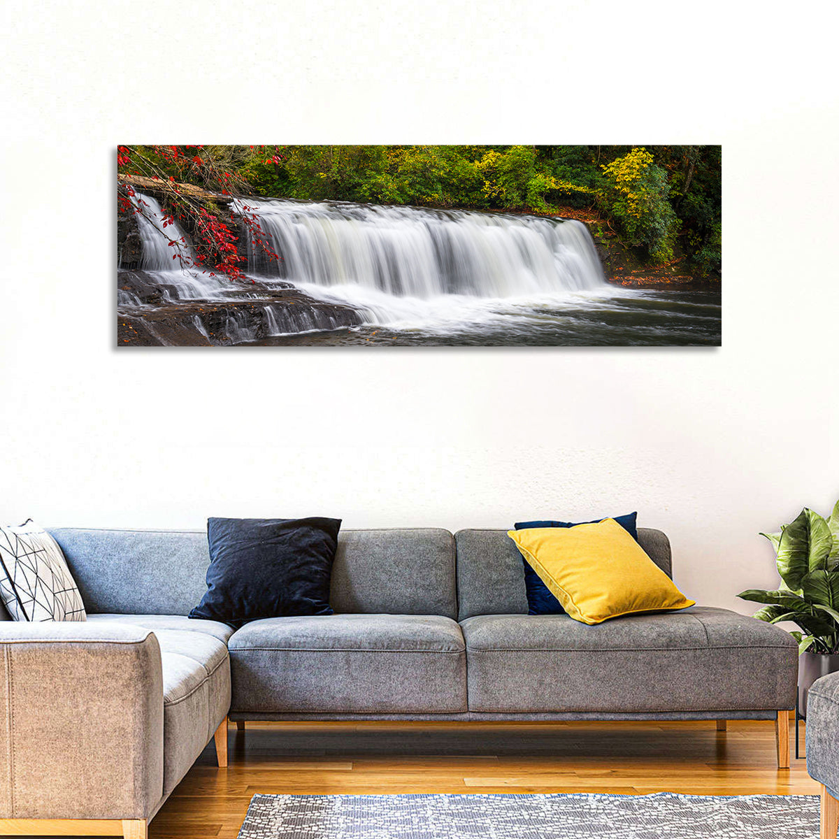 Blue Ridge Autumn Waterfall Wall Art in a room, panoramic