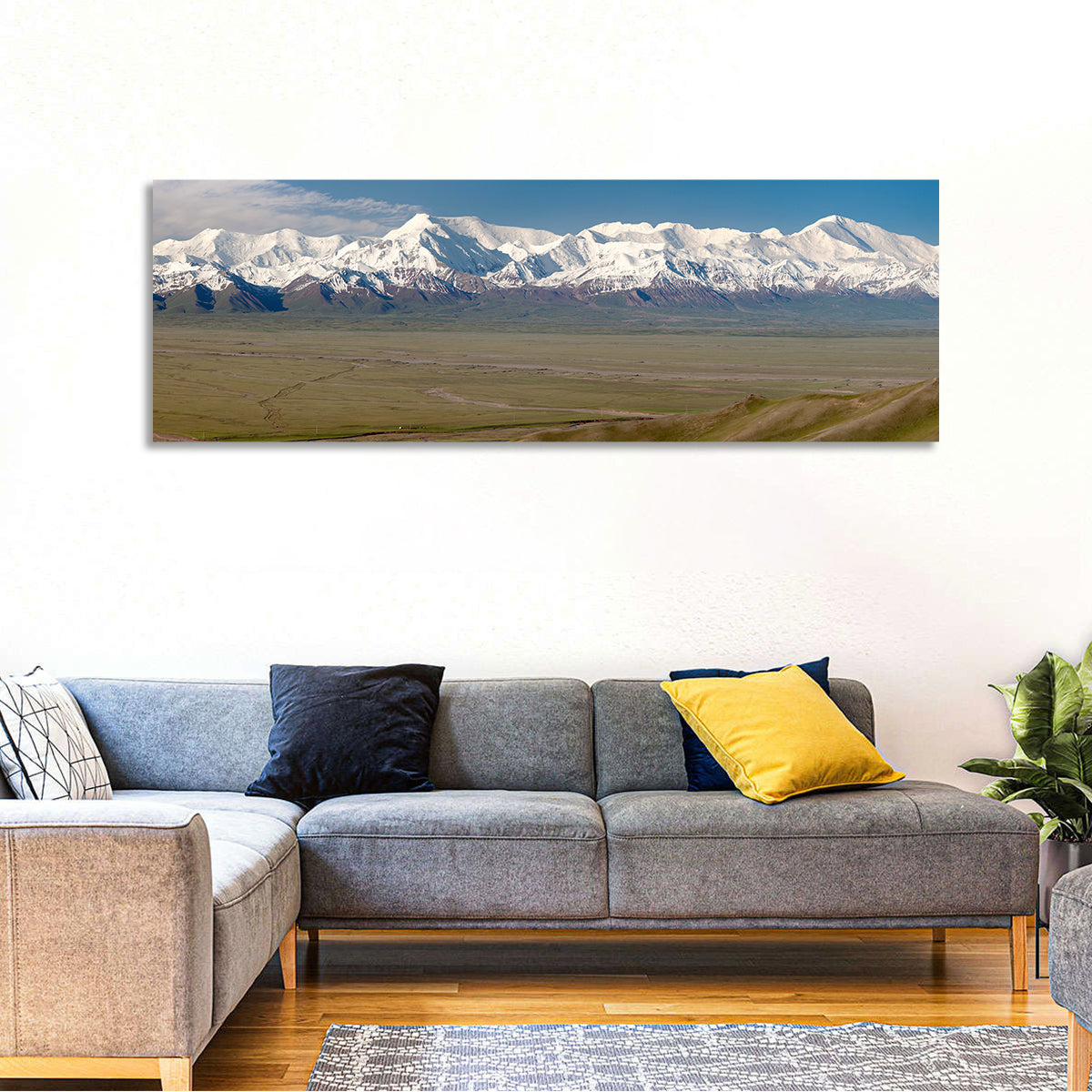 Pik Lenin Peaks Wall Art in a room, panoramic