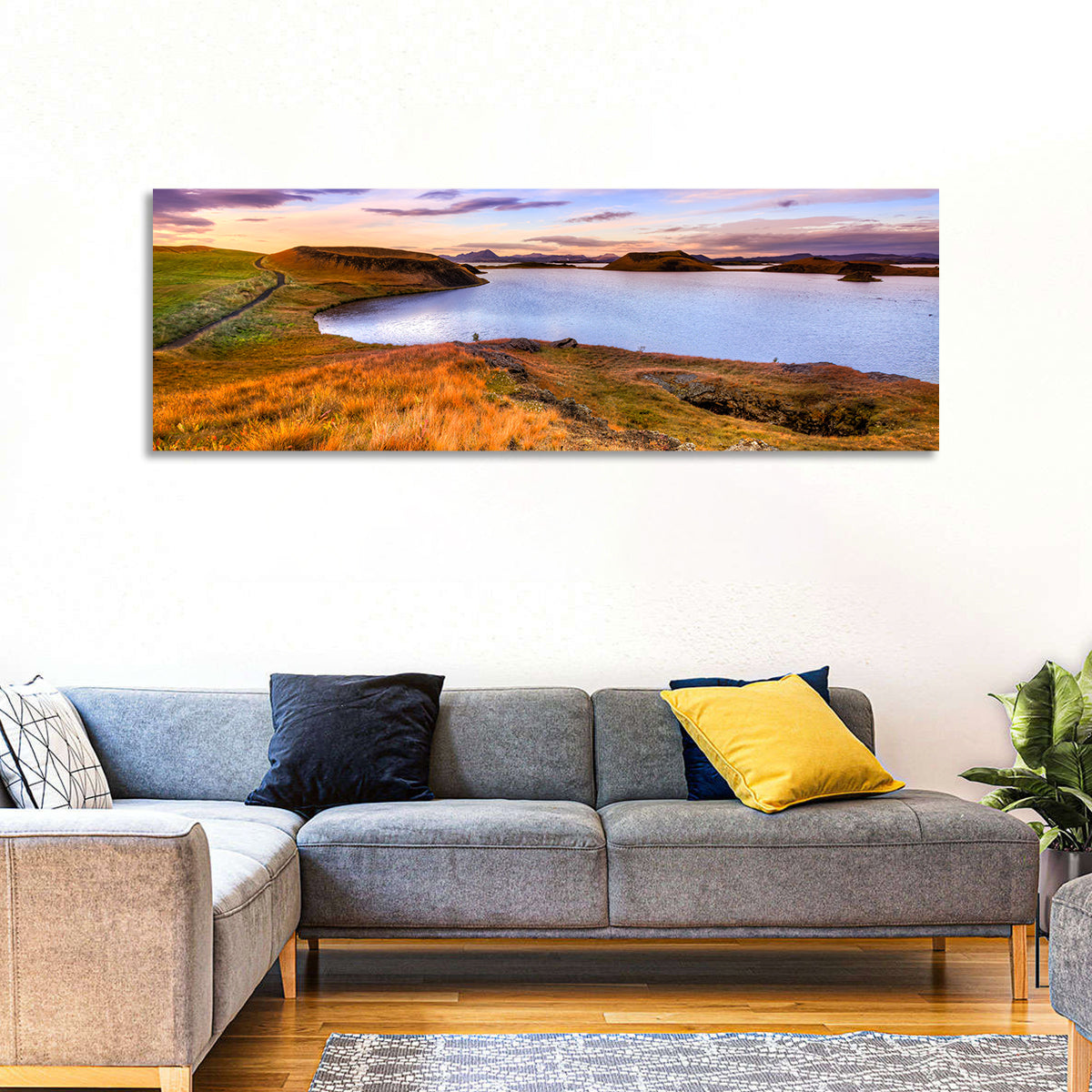Sunset Over Lake Myvatn Wall Art in a room, panoramic