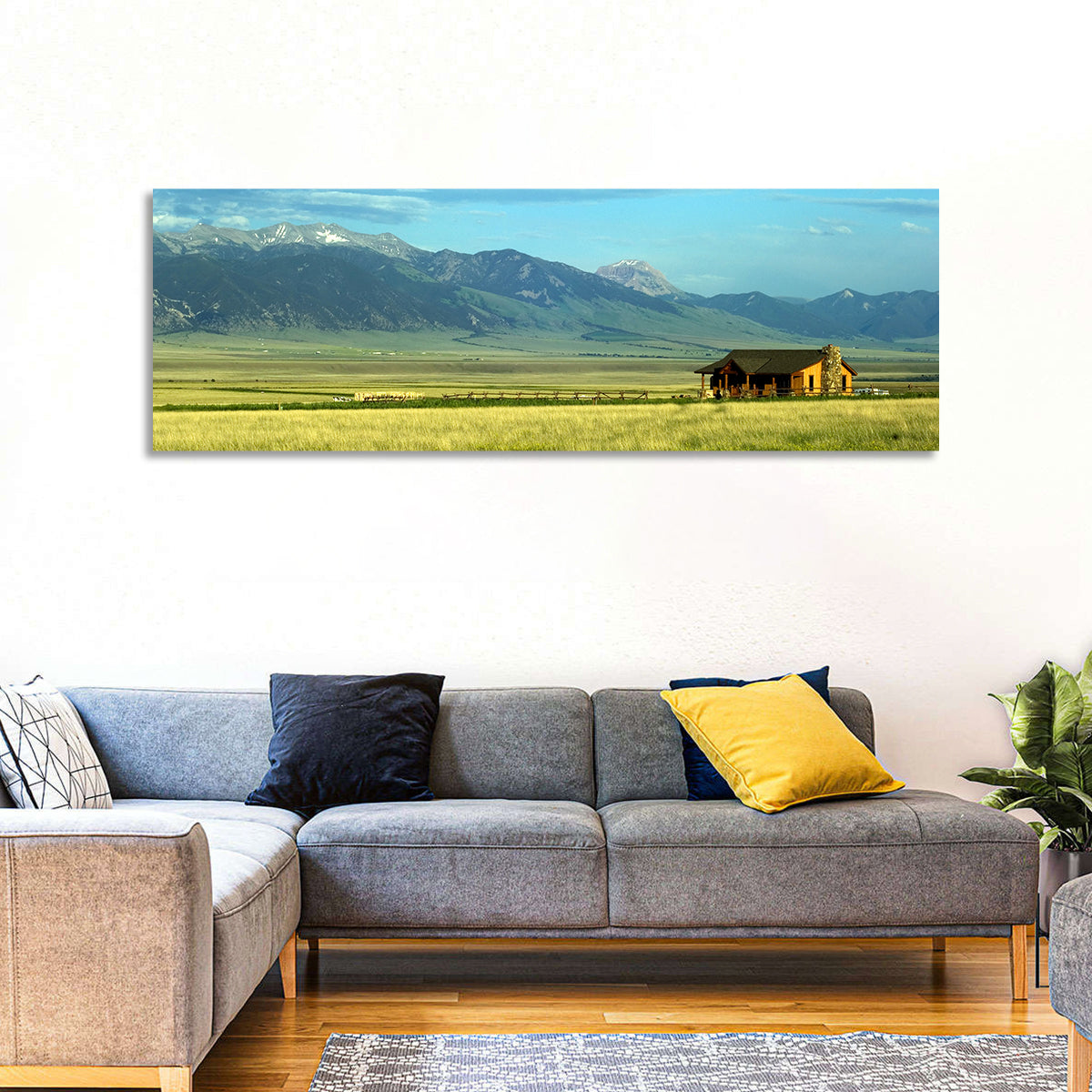Montana Mountain Ranch Wall Art in a room, panoramic