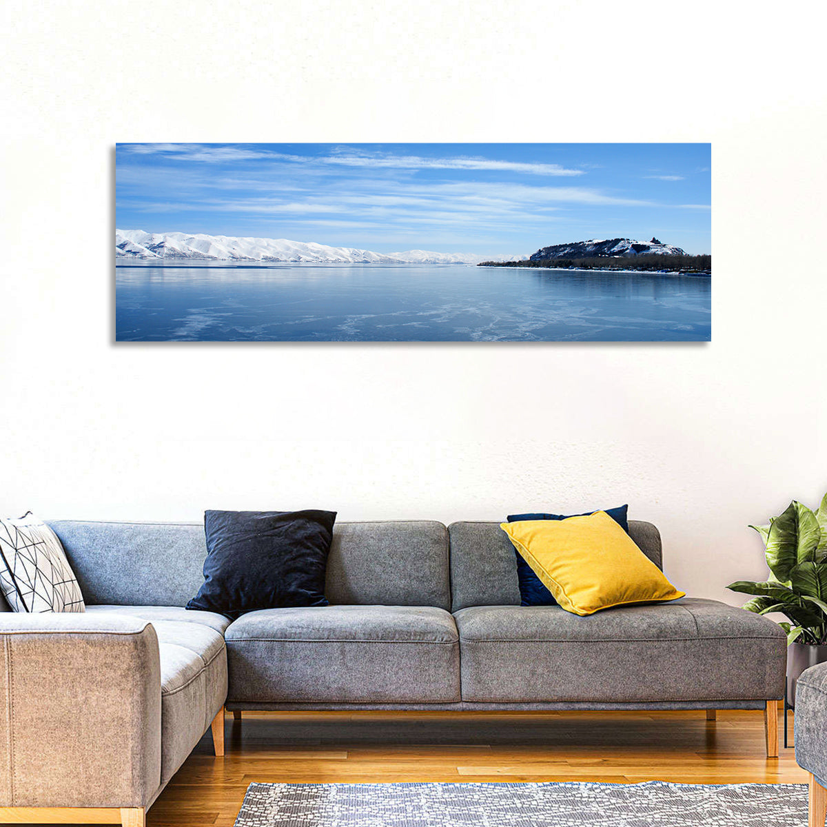Lake Sevan in Winter Wall Art in a room, panoramic
