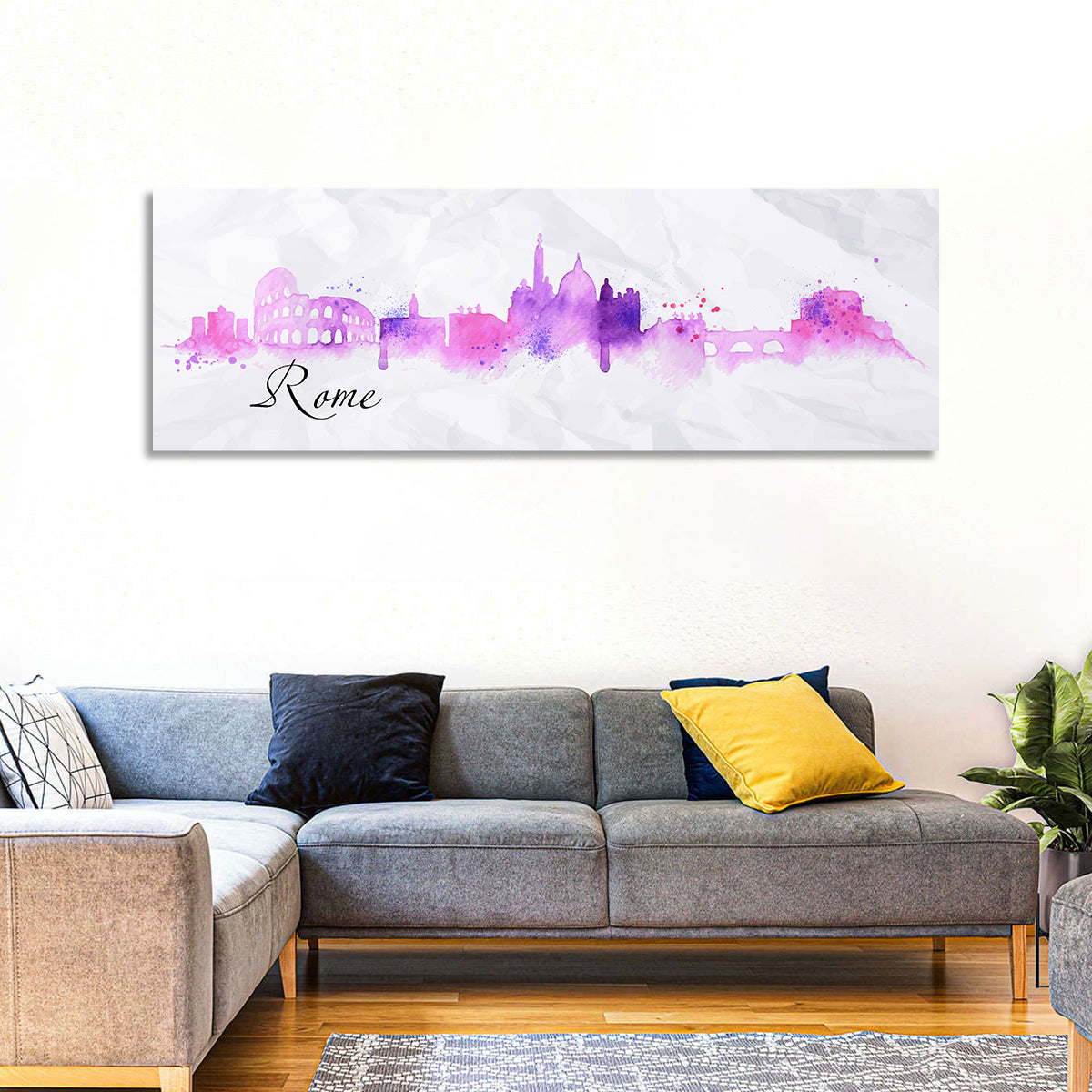 Watercolor Rome Skyline Wall Art in a room, panoramic