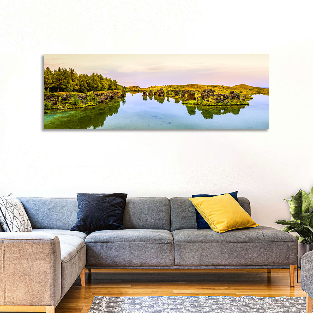 Lake Myvatn Reflections Wall Art in a room, panoramic