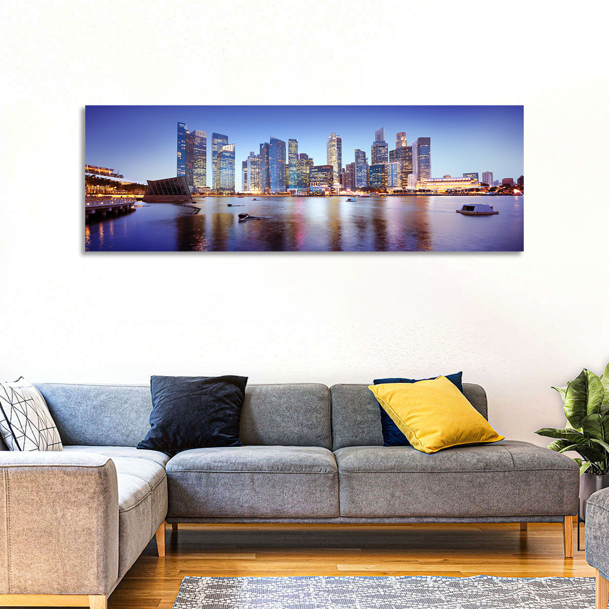 Singapore Marina Bay Skyline at Twilight Wall Art in a room, panoramic