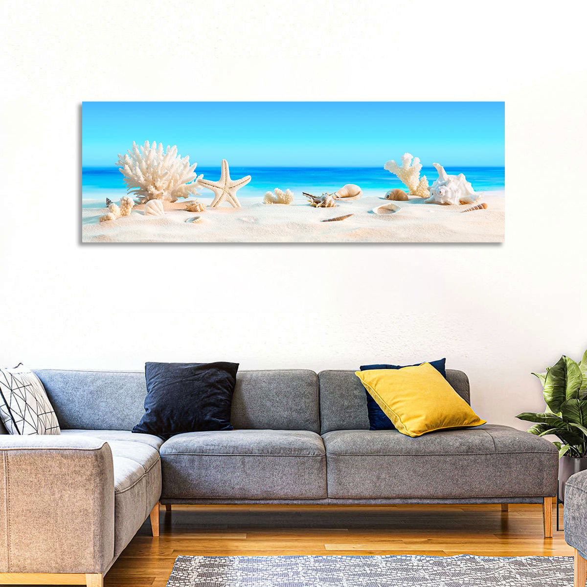 Seashells on Turquoise Shore Wall Art in a room, panoramic