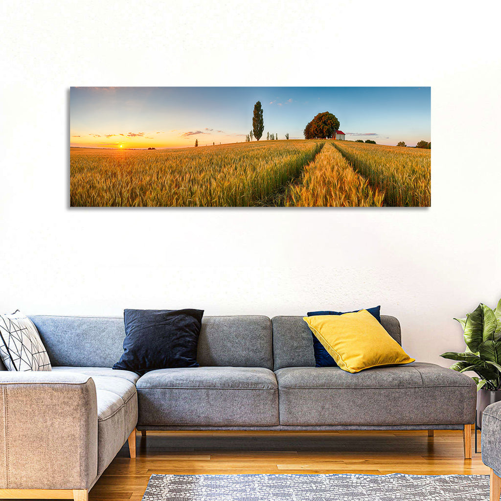 Sunset Wheat Field with Red Roof Cottage Wall Art
