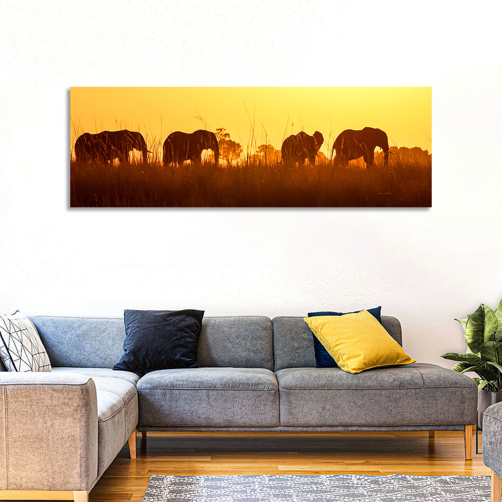 Golden Sunset Elephant Herd Wall Art