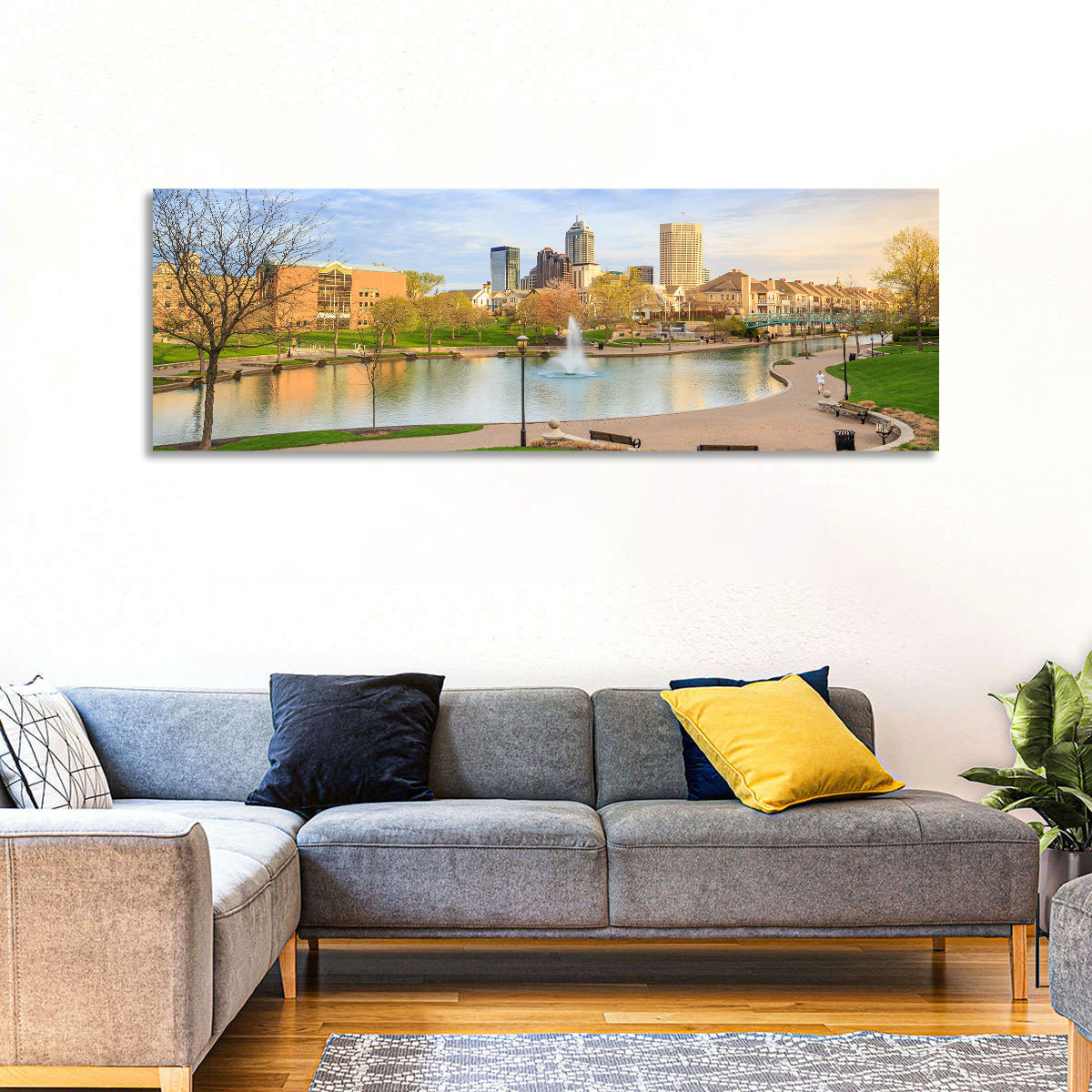Indianapolis Central Canal Skyline Wall Art in a room, panoramic