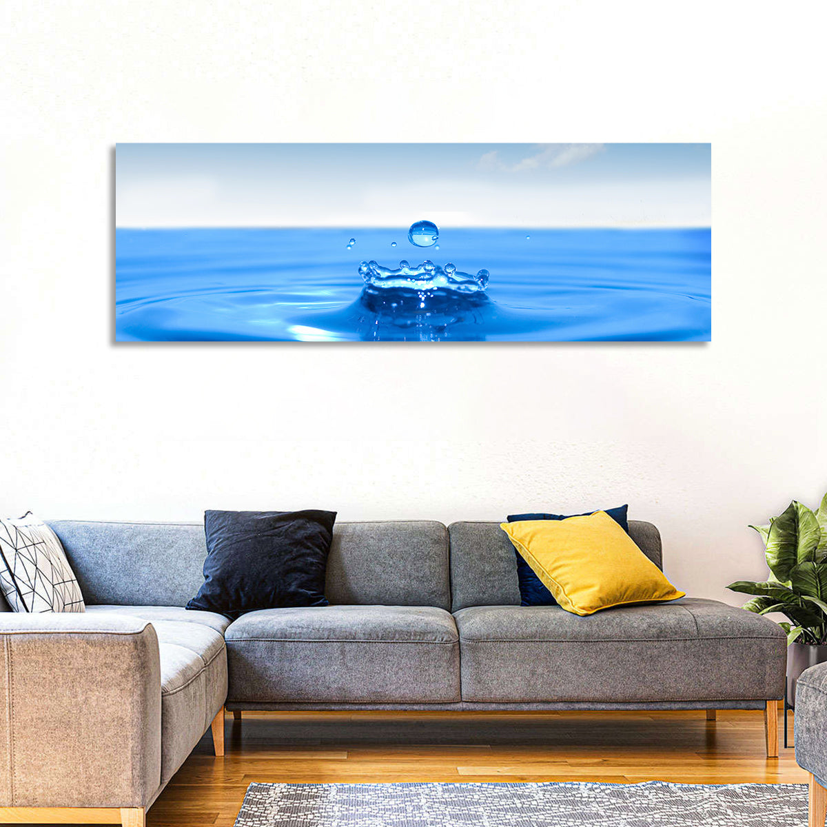 Ocean Water Drop Wall Art in a room, panoramic